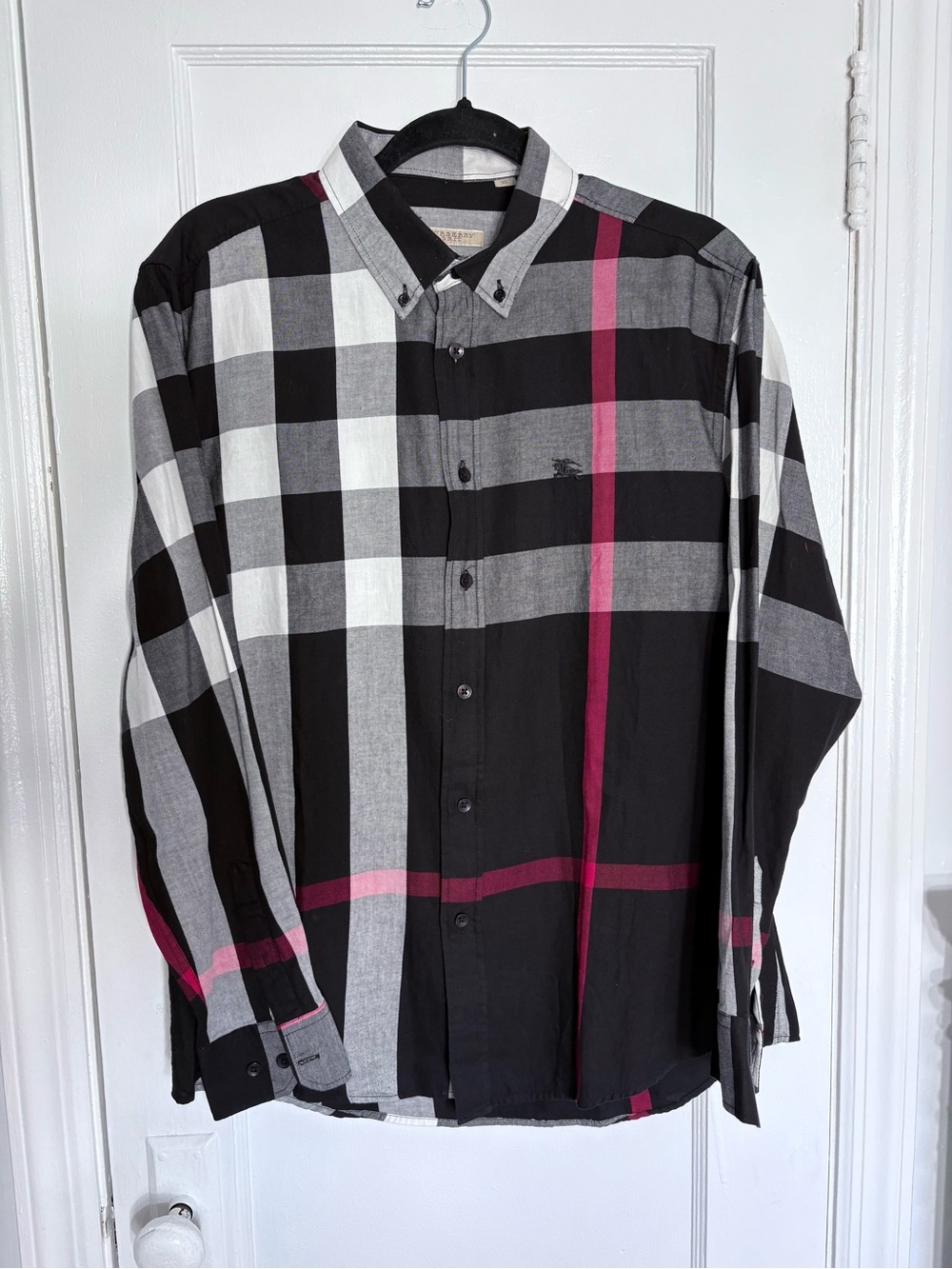 Burberry Brit Black Gray Plaid Button-Down Shirt with Pink Stripe